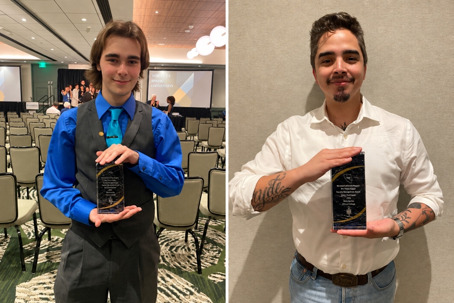 two citrus college honorees display phi theta kappa recognition awards; at left, a student in a blue shirt and gray vest poses at the 2026 nv/ca spring convention, while at right, a man in a white shirt holds his award for the camera