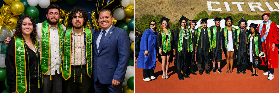 dual enrollment graduates wearing green Citrus College stoles pose with college leaders at a reception and during commencement on the stadium track