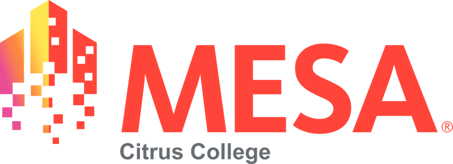 MESA program logo featuring stylized buildings transitioning into pixelated squares beside the word MESA in bold red letters and Citrus College in gray