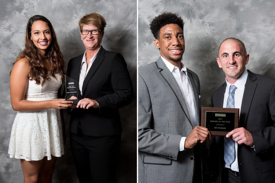 2017 athletes of the year jade nua and kenneth cyprian pictured with their faculty mentors