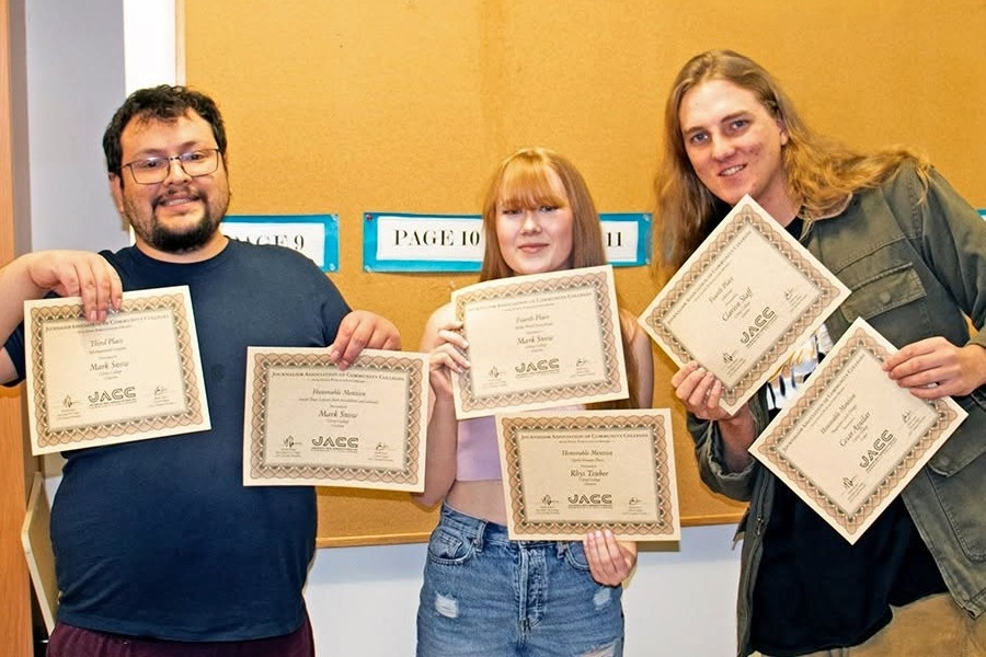 citrus college student journalists pose with certificates and awards from the journalism association of community colleges state convention in san francisco