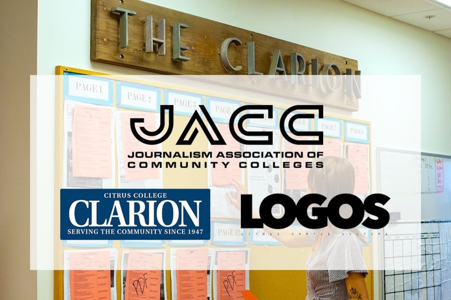 citrus college journalism display featuring the journalism association of community colleges, clarion and logos magazine logos over a photo of the clarion newsroom wall