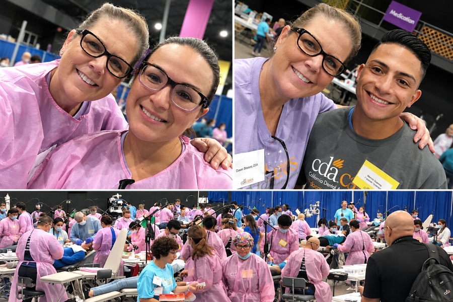 photo collage from cda cares showing citrus college dental assisting lead faculty member dawn brewster with adjunct faculty member monique navarro, brewster with student mario herrera and the full volunteer clinic in action with dental professionals and volunteers working at treatment stations