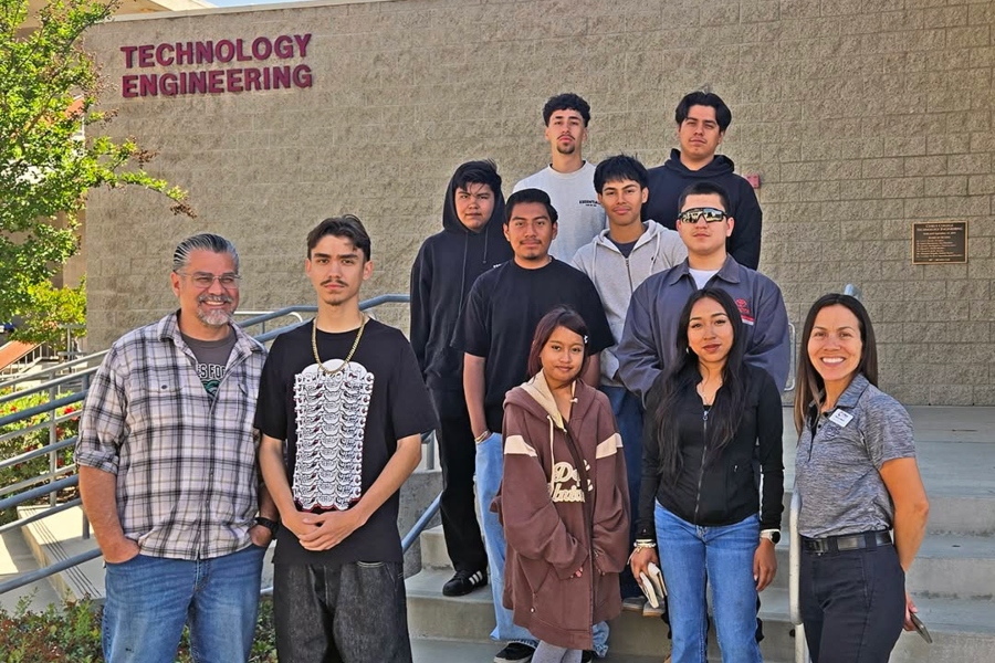 priscilla englert, at right, poses with nogales high school students and their instructor outside the citrus college technology engineering building