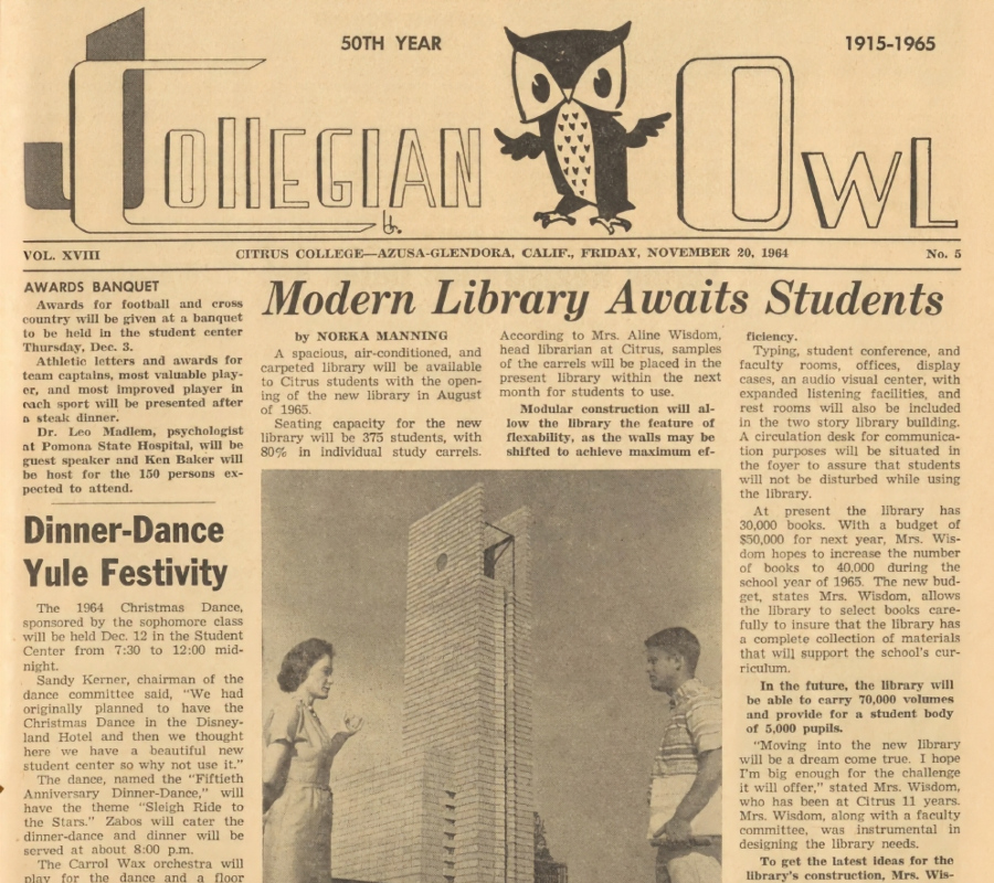 front page of the nov. 20, 1964, collegian owl student newspaper featuring the headline modern library awaits students and a photograph of the new library tower
