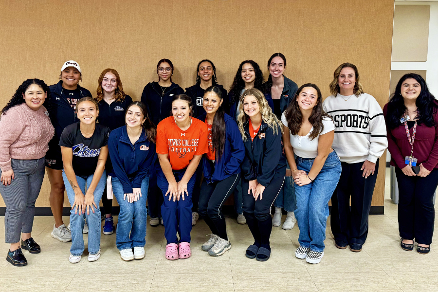 citrus college student-athletes, coaches and staff pose together after a women in sports panel discussion