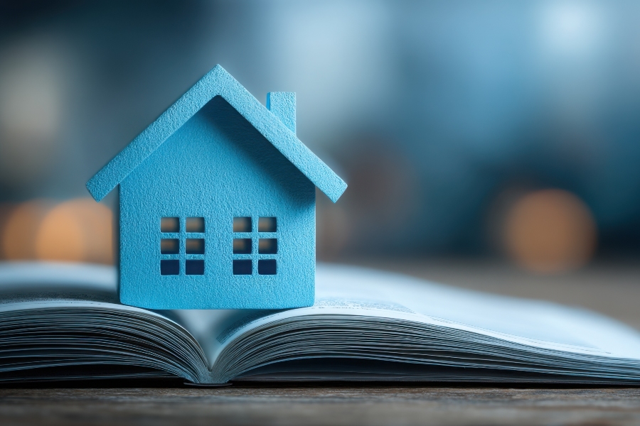 blue model house resting on the open pages of a book, representing real estate education and career preparation