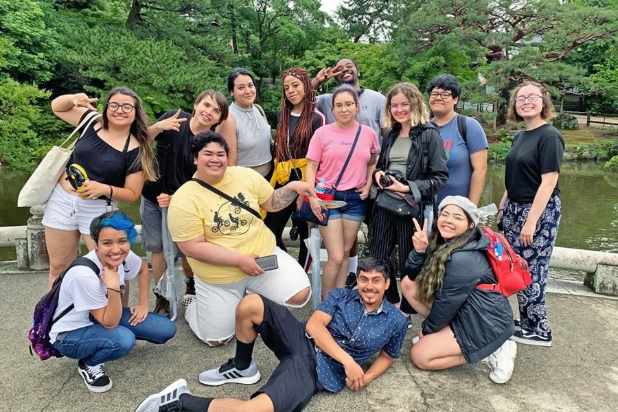 citrus college study abroad students pose together beside a pond in a landscaped garden during their summer program in kyoto, japan