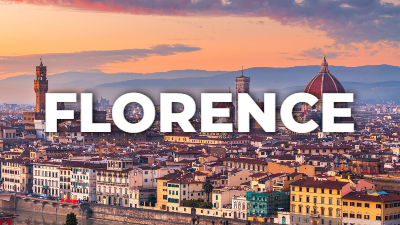 florence skyline at sunset with palazzo vecchio and the dome of the cathedral of santa maria del fiore behind large florence text