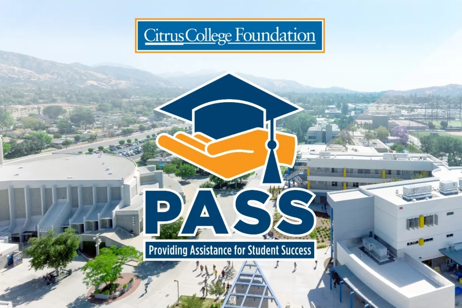 aerial view of citrus college campus with the citrus college foundation logo and pass student success program graphic in the foreground