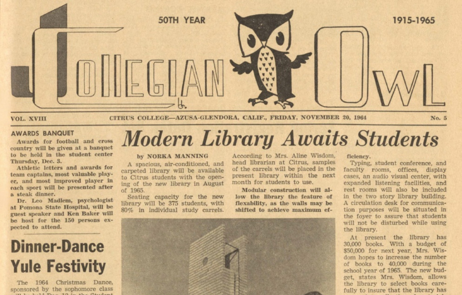 front page of the nov. 20, 1964, collegian owl student newspaper featuring the headline 