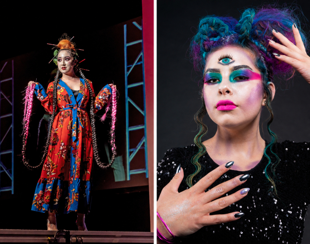 side-by-side photos of cosmetology models showcasing elaborate hairstyles, colorful makeup and dramatic runway looks