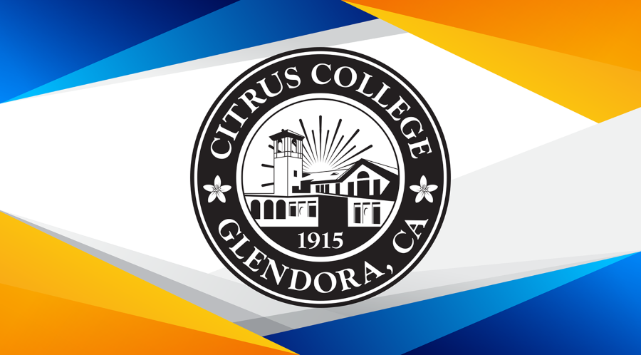 citrus college seal with campus building, rising sun rays and orange blossoms on a blue and gold abstract background