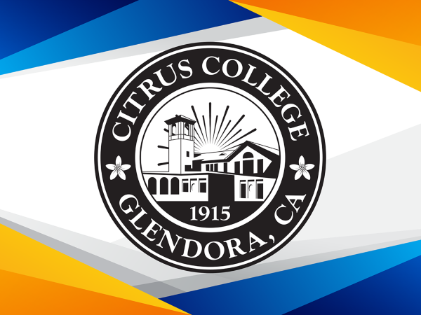 citrus college seal with campus building, rising sun rays and orange blossoms on a blue and gold abstract background