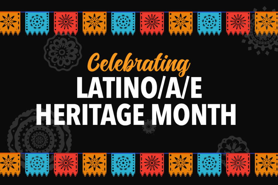 graphic celebrating latino/a/e heritage month with colorful papel picado banners and decorative floral patterns