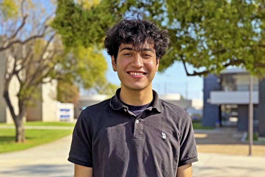 headshots of a smiling student, Hamza El Lahib, on the college campus