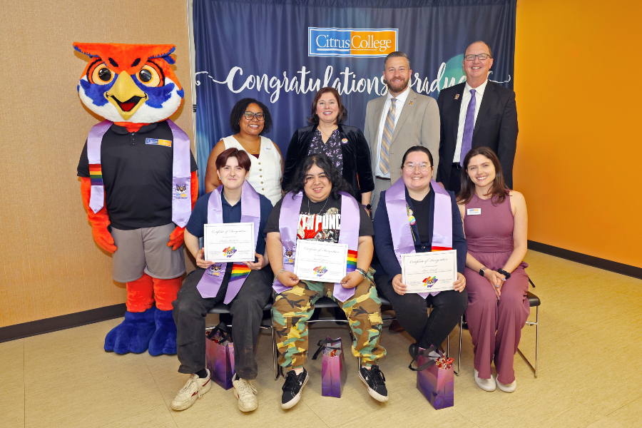 mascot hootie and citrus college staff celebrate lgbtqia+ student achievements during the first lavender celebration