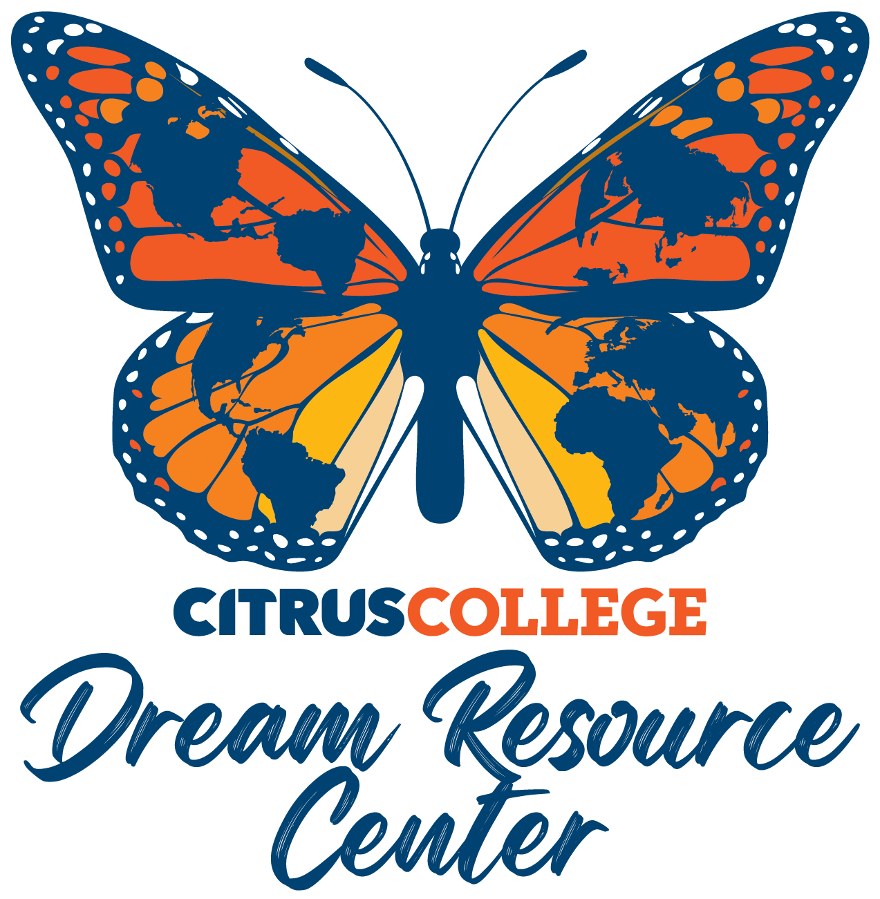 blue, orange and yellow butterfly graphic with world map details above the citrus college dream resource center logo