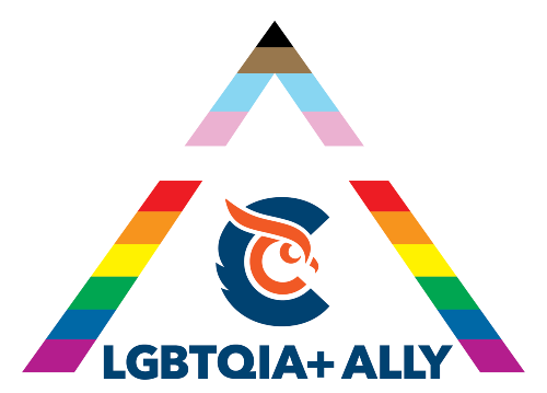 lgbtqia+ ally graphic featuring a large white letter a accented with transgender and rainbow pride colors, with the citrus college logo in the center