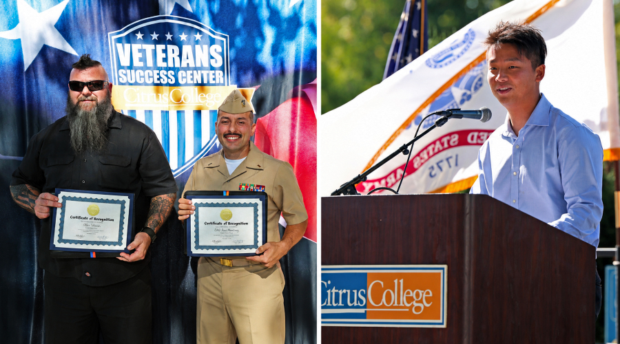 two veterans hold certificates of recognition while a speaker addresses attendees at a saluting our veterans event