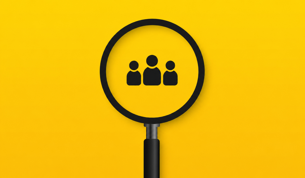 centered magnifying glass with three person icons inside on a bright yellow background