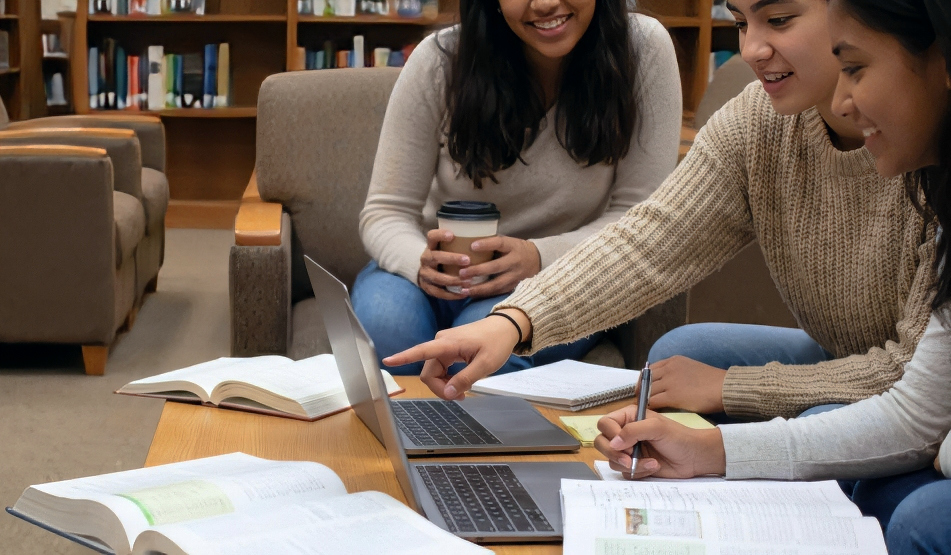 three students collaborate around laptops and open textbooks, with one pointing at a computer screen while another takes notes