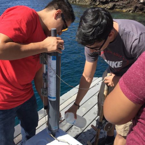 students collect a water sample using scientific equipment from a dock during a marine science field experience