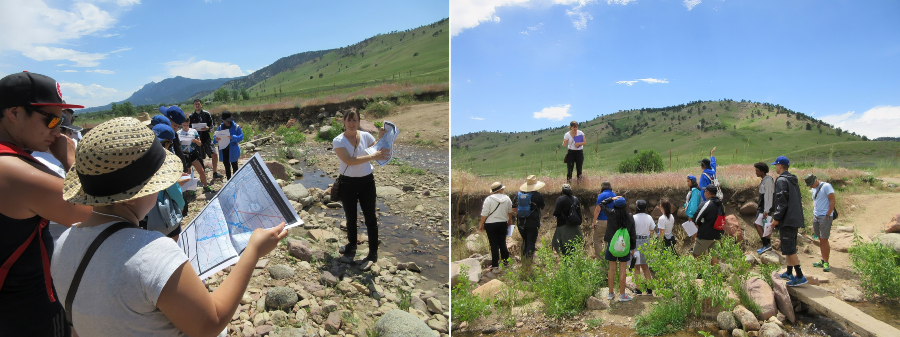 students participate in a geology field experience, using maps and examining rock formations, stream features and the surrounding landscape