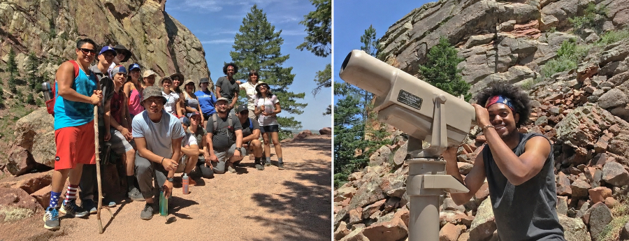 group of hikers pose beside a rocky mountain trail, while at right a student looks through a mounted viewing telescope against a backdrop of rugged cliffs and blue sky