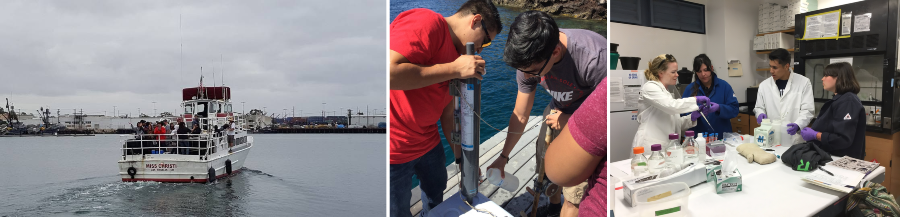 students take part in marine science activities, traveling by boat, collecting water samples from a dock and conducting laboratory analysis