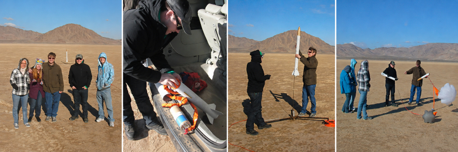 four-photo collage shows rocket owls participants posing in the desert, preparing a model rocket, setting it on a launch stand and examining recovery equipment