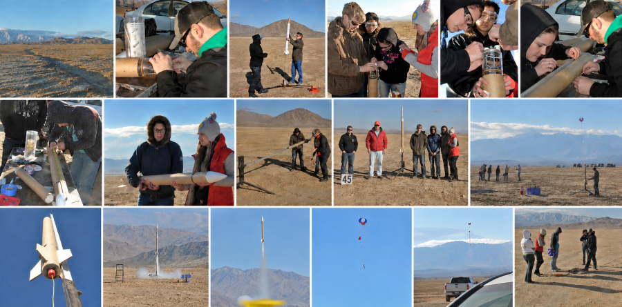 collage of students and team members assembling, preparing and launching a model rocket at a desert site, with mountain views, launch equipment, the rocket in flight and its parachute descent