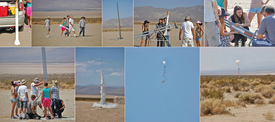 nine-photo collage documents a desert model rocket launch, including preparation, launch rail setup, liftoff and parachute recovery