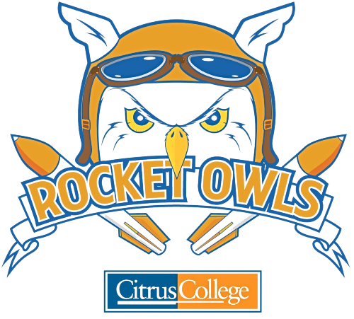rocket owls logo featuring an owl wearing aviator goggles and a helmet, with crossed rockets, the words rocket owls and the citrus college logo below