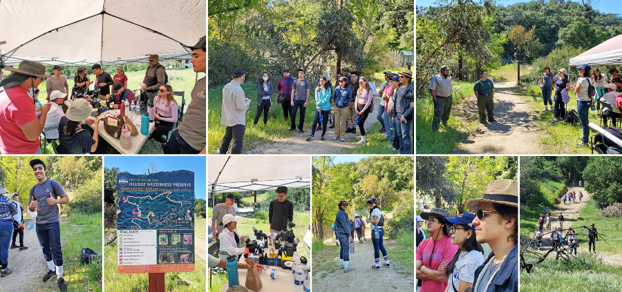 students participate in an outdoor science field experience, hiking through the hillside wilderness preserve, examining natural surroundings and using microscopes and other equipment at a field station