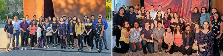 students and faculty pose for group photos outdoors and inside a theater during a cultural outing