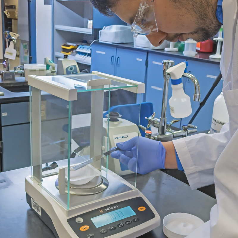 student in a lab coat, safety glasses and gloves uses tweezers to place a sample on an analytical balance in a science laboratory